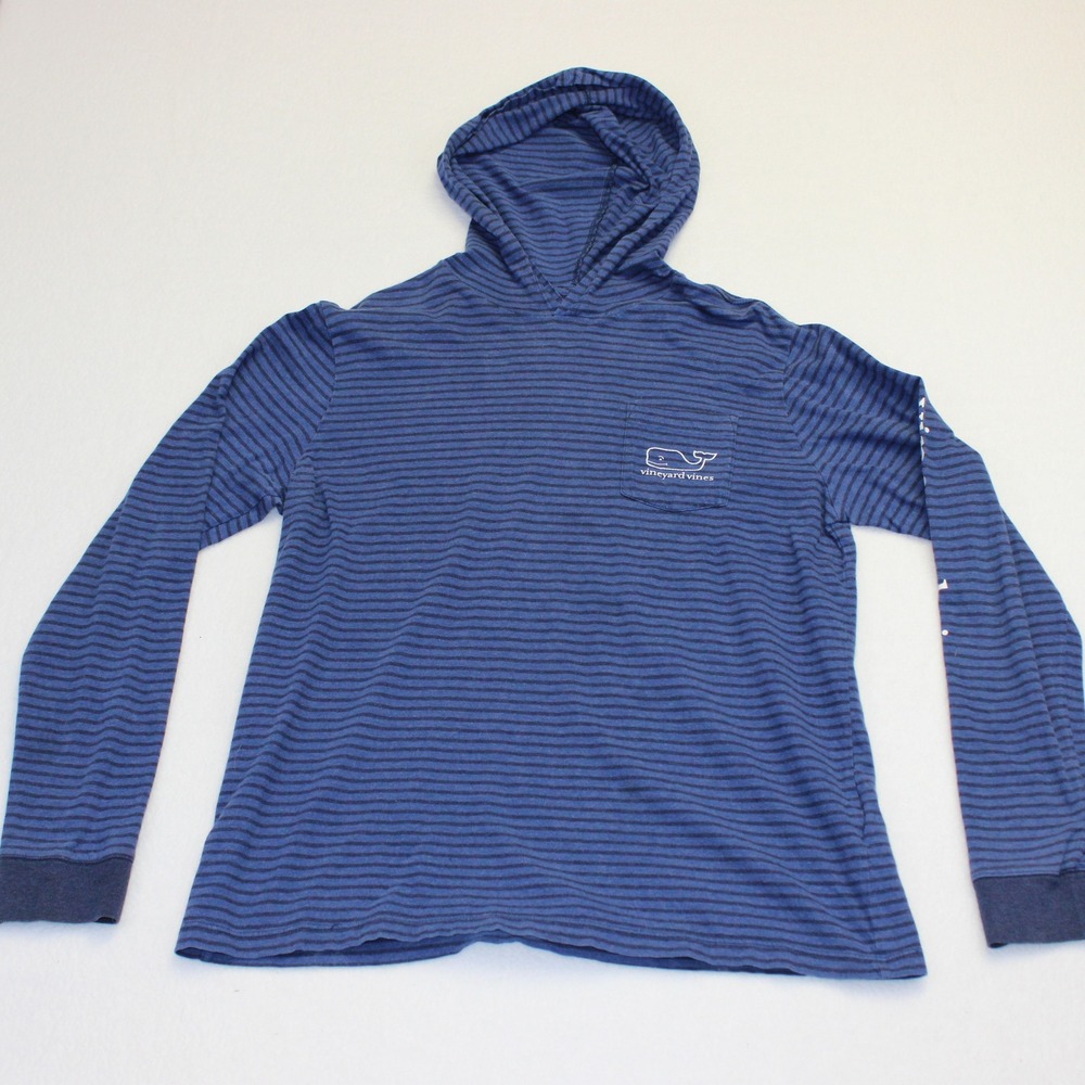 Vineyard Vines Mens XL Blue Striped Long Sleeve Hooded T-Shirt Whale Logo Pocket
